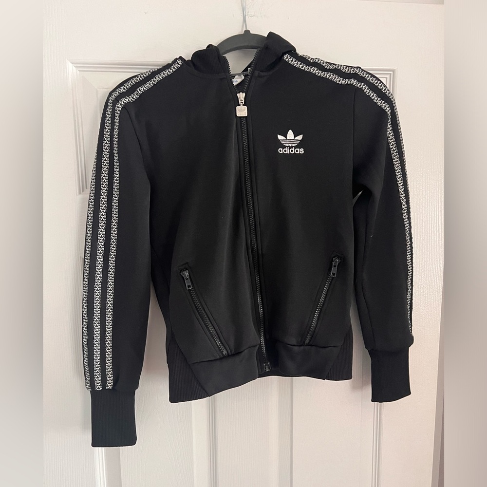 ADIDAS black zip up hoodie 3 stripe small
